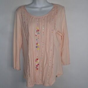 Sundance Women L Long sleeve Top Peach embellished Pintuck Beaded‎ Boho Shabby
